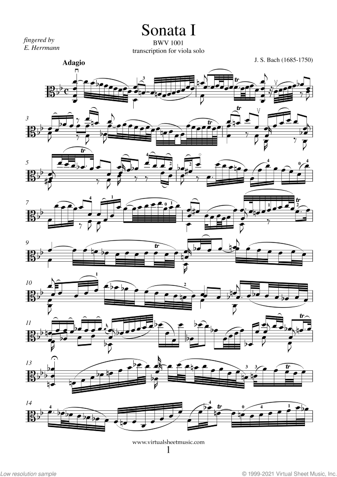Sonata No.1 sheet music for viola solo by Johann Sebastian Bach, classical score, advanced skill level