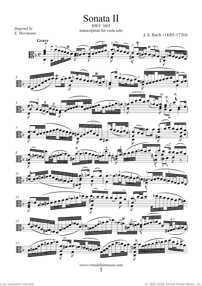 Sonata No.2 sheet music for viola solo by Johann Sebastian Bach, classical score, advanced skill level