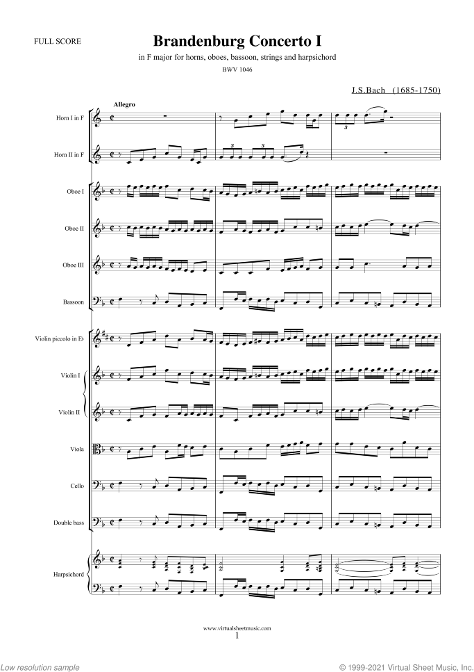 Brandenburg Concerto I (COMPLETE) sheet music for hrn, ob, bs, strings and harpsichord by Johann Sebastian Bach, classical score, intermediate orchestra