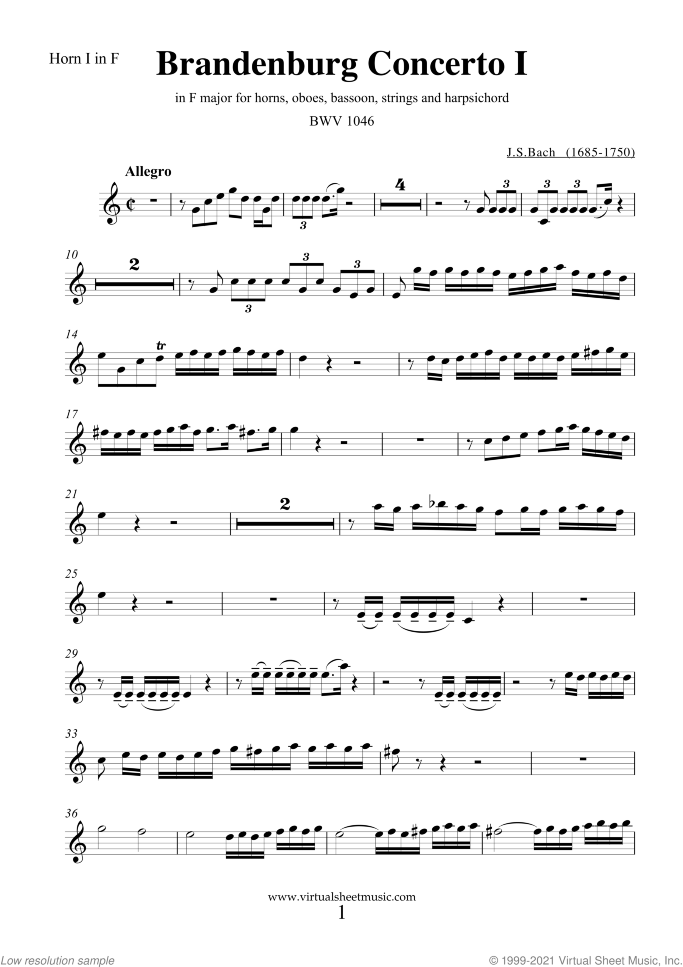 Brandenburg Concerto I (parts) sheet music for hrn, ob, bs, strings and harpsichord by Johann Sebastian Bach, classical score, intermediate orchestra