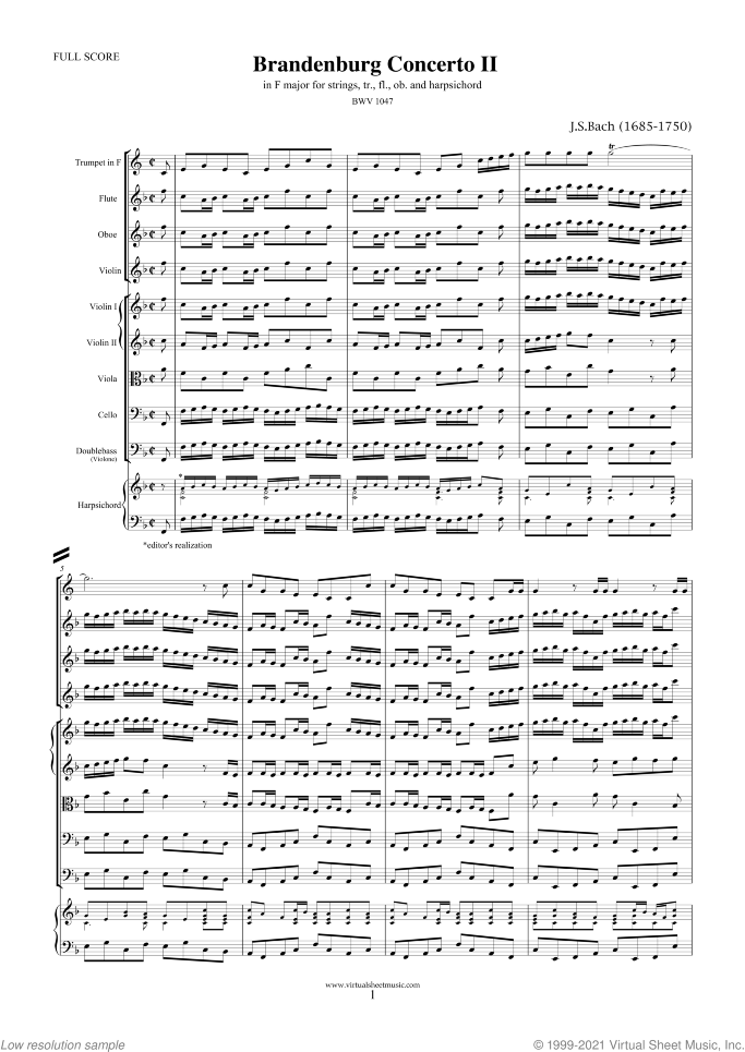 Brandenburg Concerto II (COMPLETE) sheet music for tr, fl, ob, strings and harpsichord by Johann Sebastian Bach, classical score, intermediate orchestra