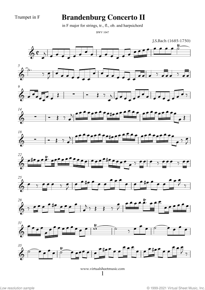 Brandenburg Concerto II (parts) sheet music for tr, fl, ob, strings and harpsichord by Johann Sebastian Bach, classical score, intermediate orchestra