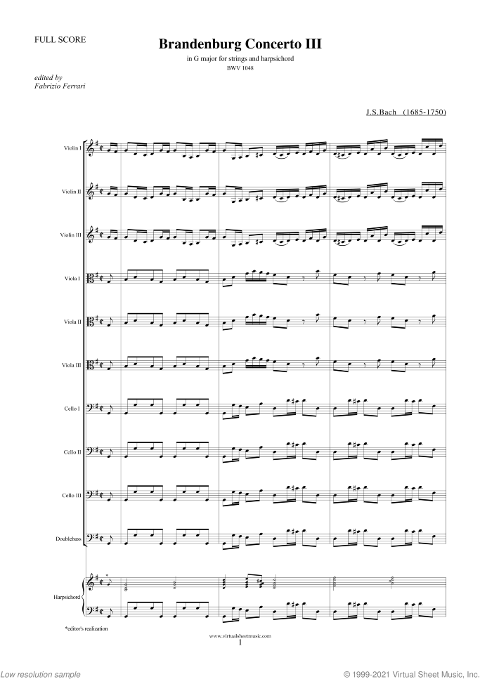 Brandenburg Concerto III (f.score) sheet music for strings and harpsichord by Johann Sebastian Bach, classical score, intermediate orchestra
