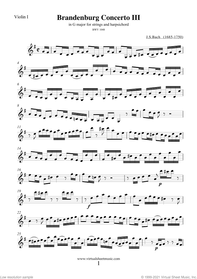 Brandenburg Concerto III (parts) sheet music for strings and harpsichord by Johann Sebastian Bach, classical score, intermediate orchestra