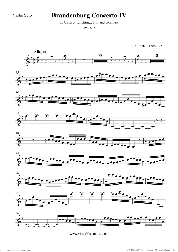 Brandenburg Concerto IV (parts) sheet music for 2 fl, strings and harpsichord by Johann Sebastian Bach, classical score, intermediate orchestra