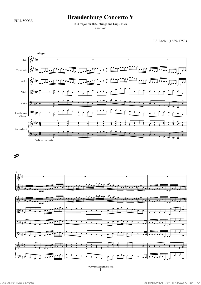 Brandenburg Concerto V (COMPLETE) sheet music for fl, strings and harpsichord by Johann Sebastian Bach, classical score, intermediate orchestra