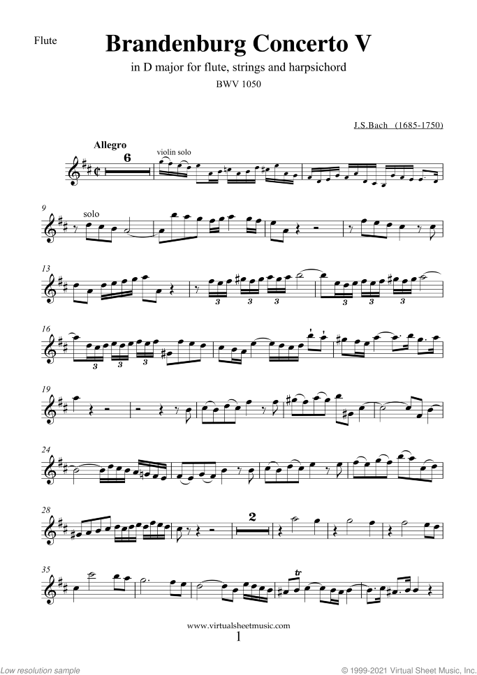 Brandenburg Concerto V (parts) sheet music for fl, strings and harpsichord by Johann Sebastian Bach, classical score, intermediate orchestra