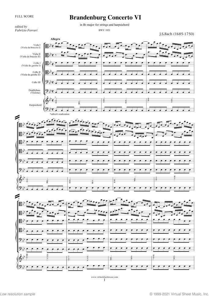 Brandenburg Concerto VI (f.score) sheet music for strings and harpsichord by Johann Sebastian Bach, classical score, intermediate orchestra