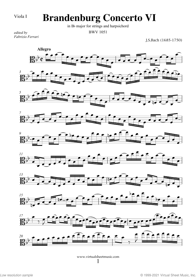Brandenburg Concerto VI (parts) sheet music for strings and harpsichord by Johann Sebastian Bach, classical score, intermediate orchestra