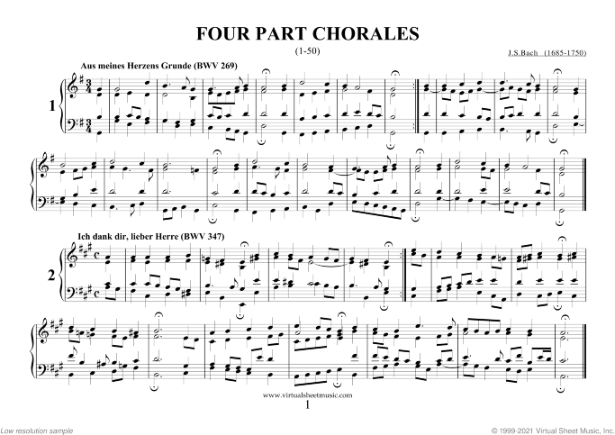 Four Part Chorales (1-50) sheet music for organ, piano or keyboard by Johann Sebastian Bach, classical score, easy/intermediate skill level