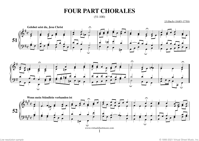 Four Part Chorales (51-100) sheet music for organ, piano or keyboard by Johann Sebastian Bach, classical score, easy/intermediate skill level