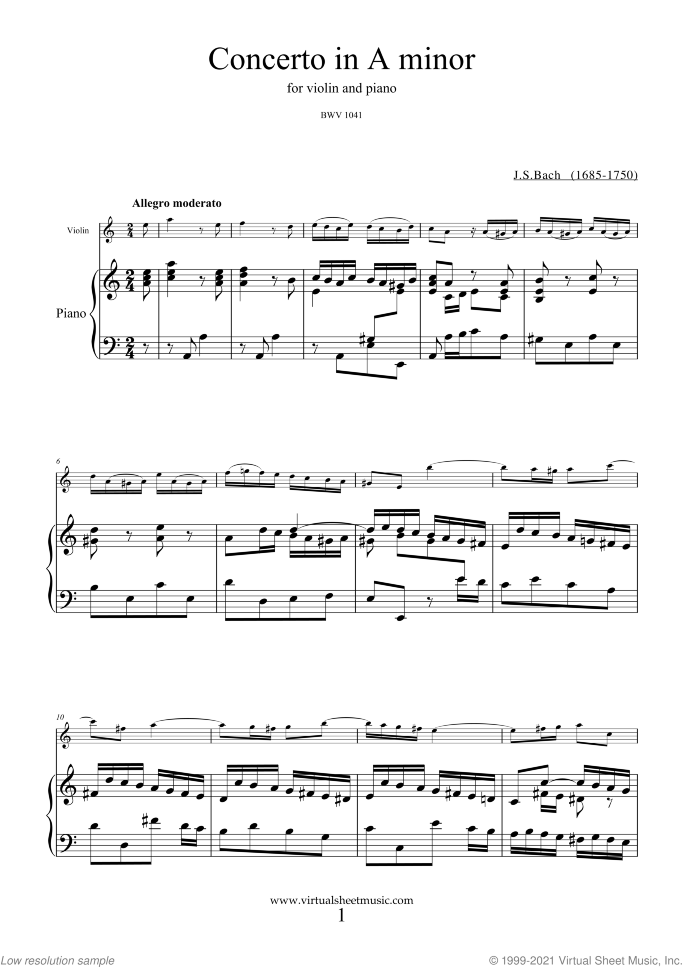 Concerto in A minor sheet music for violin and piano by Johann Sebastian Bach, classical score, easy/intermediate skill level