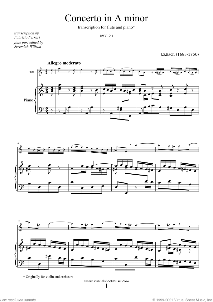 Concerto in A minor sheet music for flute and piano by Johann Sebastian Bach, classical score, intermediate skill level