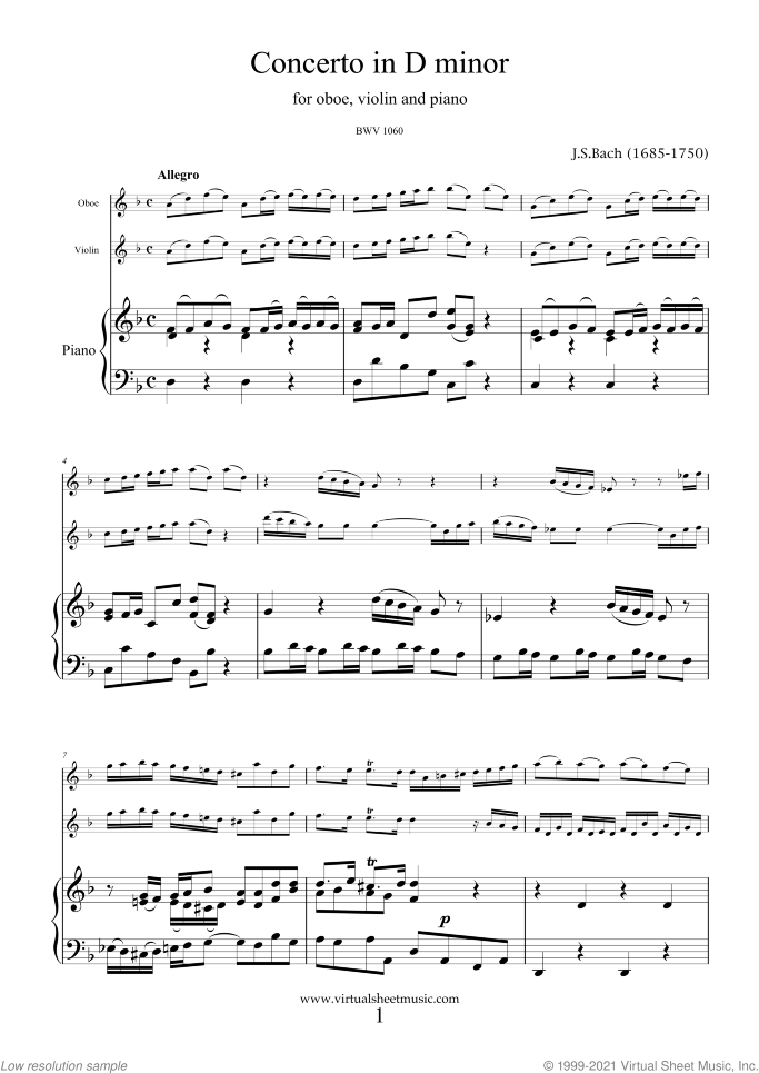 Concerto in D minor BWV 1060 sheet music for oboe, violin and piano by Johann Sebastian Bach, classical score, intermediate skill level