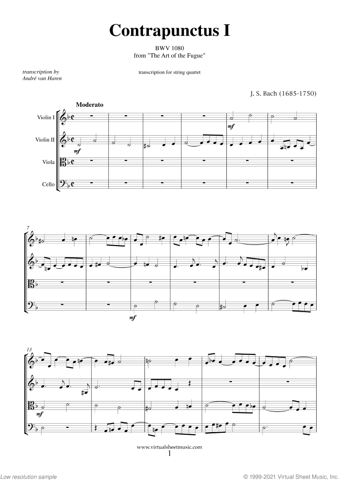 The Art of the Fugue sheet music for string quartet by Johann Sebastian Bach, classical score, intermediate skill level