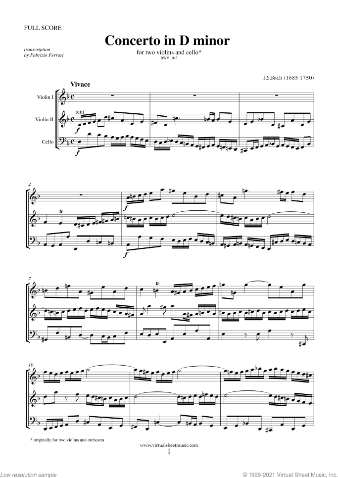 Concerto in D minor BWV 1043 (Double Concerto) sheet music for two violins and cello by Johann Sebastian Bach, classical score, intermediate skill level