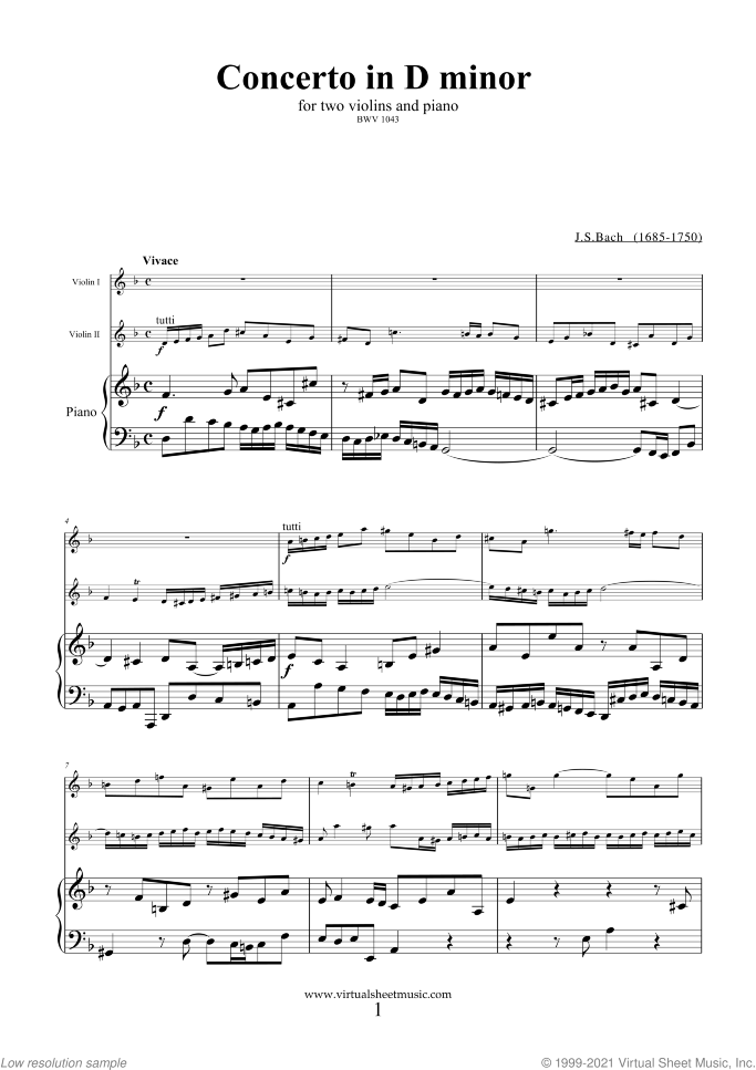 Concerto in D minor BWV 1043 (Double Concerto) sheet music for two violins and piano by Johann Sebastian Bach, classical score, intermediate skill level