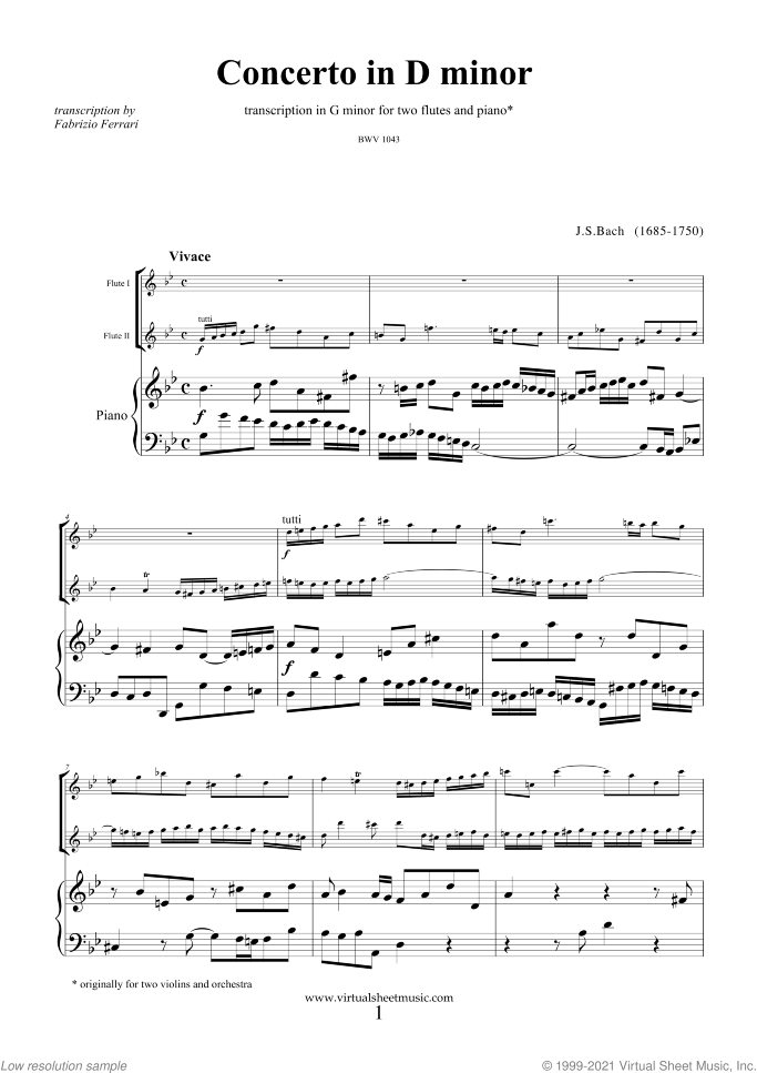 Concerto in D minor BWV 1043 (Double Concerto) sheet music for two flutes and piano by Johann Sebastian Bach, classical score, intermediate/advanced skill level