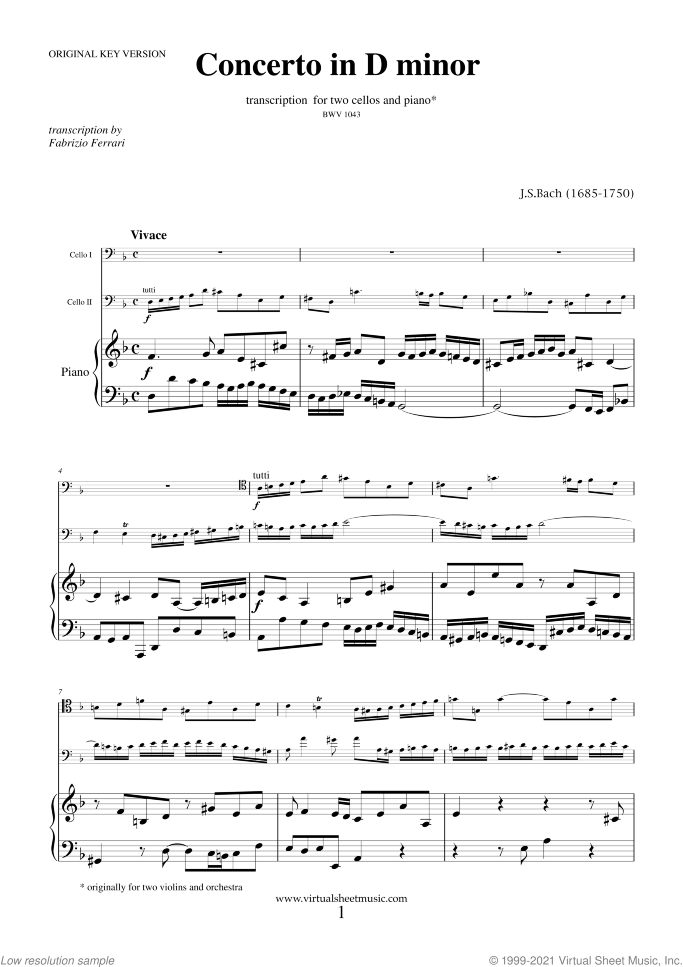 Concerto in D minor BWV 1043 (Double Concerto) original key sheet music for two cellos and piano by Johann Sebastian Bach, classical score, intermediate/advanced skill level
