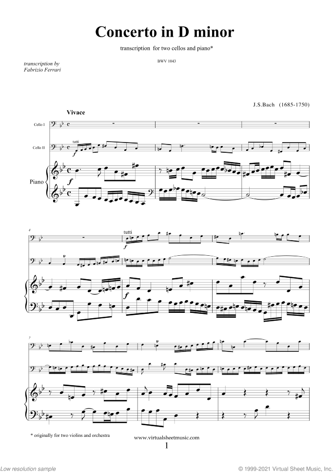Concerto in D minor BWV 1043 (Double Concerto) sheet music for two cellos and piano by Johann Sebastian Bach, classical score, intermediate/advanced skill level