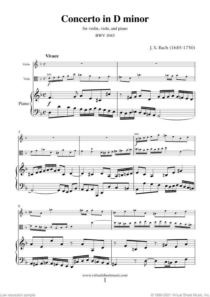 Concerto in D minor BWV 1043 (Double Concerto) sheet music for violin, viola and piano by Johann Sebastian Bach, classical score, intermediate/advanced skill level
