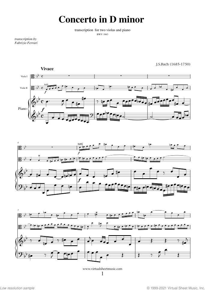 Concerto in D minor BWV 1043 (Double Concerto) sheet music for two violas and piano by Johann Sebastian Bach, classical score, intermediate/advanced skill level