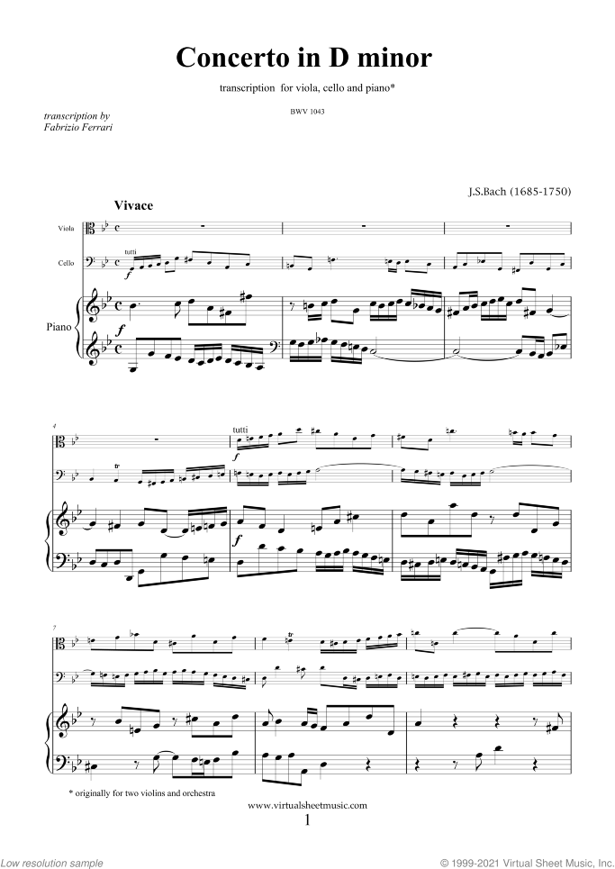 Concerto in D minor BWV 1043 (Double Concerto) sheet music for viola, cello and piano by Johann Sebastian Bach, classical score, intermediate/advanced skill level