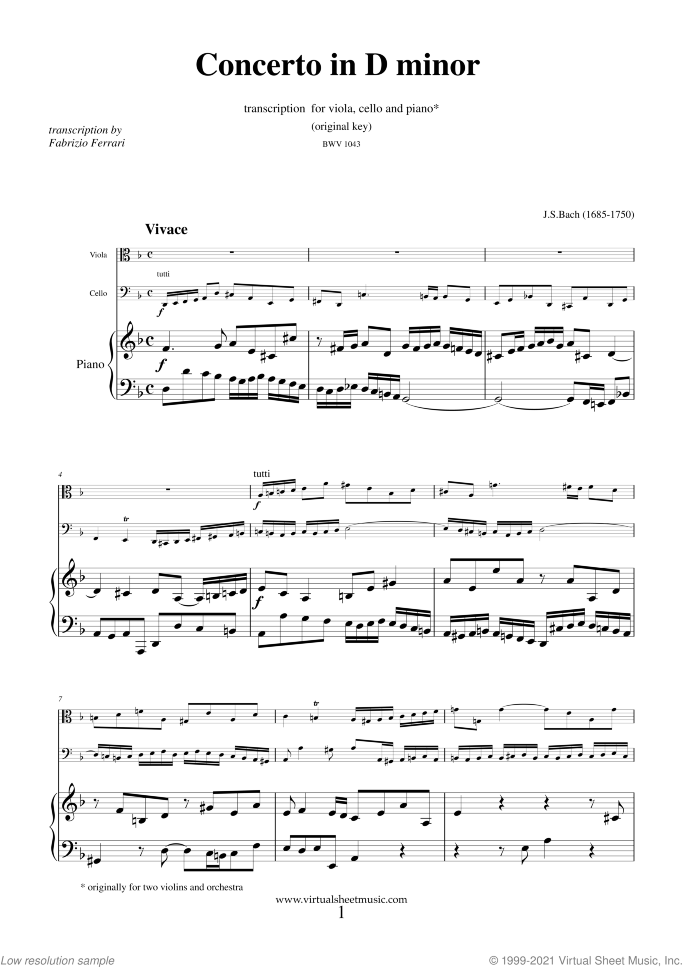 Concerto in D minor BWV 1043 (Double Concerto) - original key sheet music for viola, cello and piano by Johann Sebastian Bach, classical score, intermediate/advanced skill level