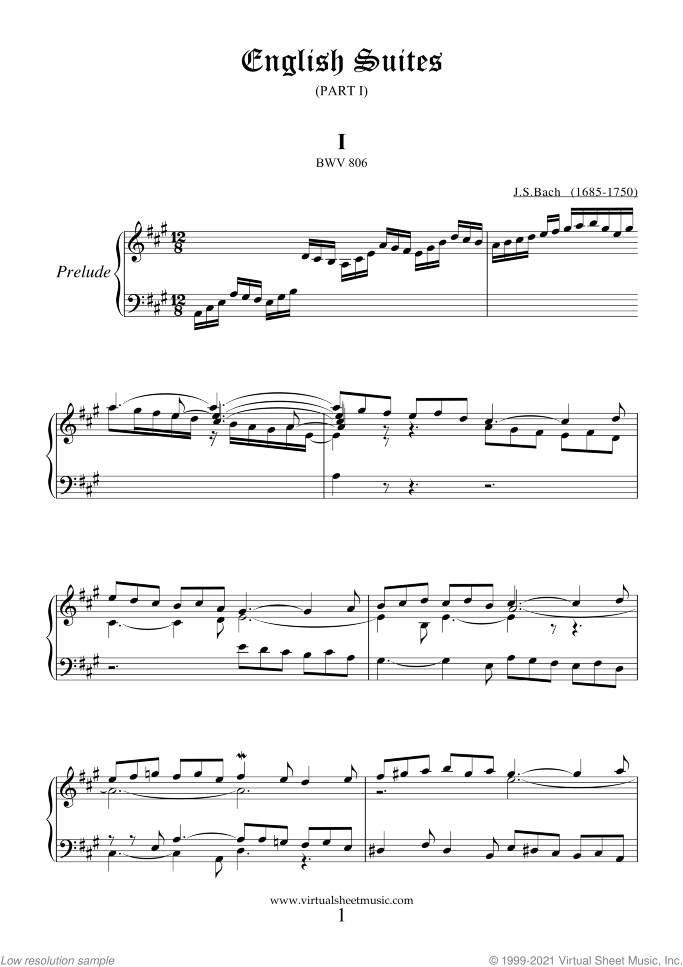 English Suites sheet music for piano solo (or harpsichord) by Johann Sebastian Bach, classical score, intermediate piano (or harpsichord)