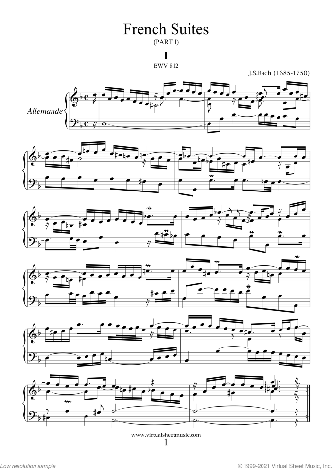 French Suites sheet music for piano solo (or harpsichord) by Johann Sebastian Bach, classical score, intermediate piano (or harpsichord)