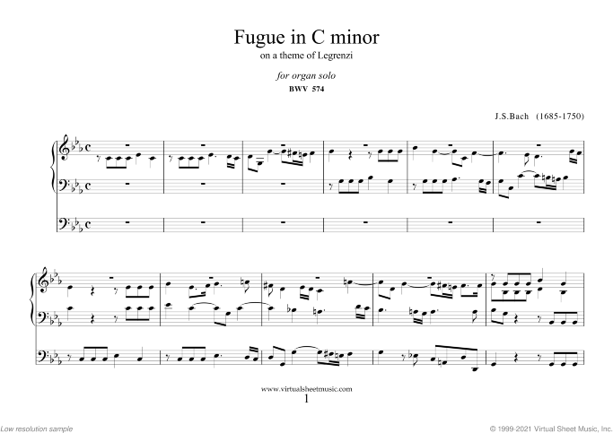 Fugue in C minor BWV 574 sheet music for organ solo by Johann Sebastian Bach, classical score, intermediate skill level