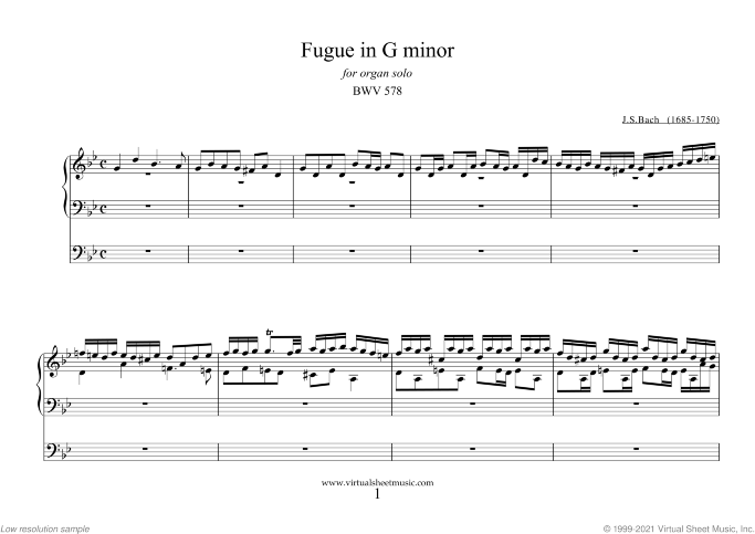 Fugue in G minor BWV 578 sheet music for organ solo by Johann Sebastian Bach, classical score, intermediate skill level