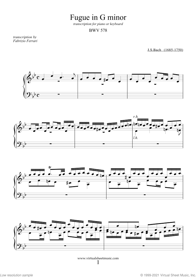 Fugue in G minor BWV 578 sheet music for piano solo or keyboard by Johann Sebastian Bach, classical score, intermediate piano or keyboard