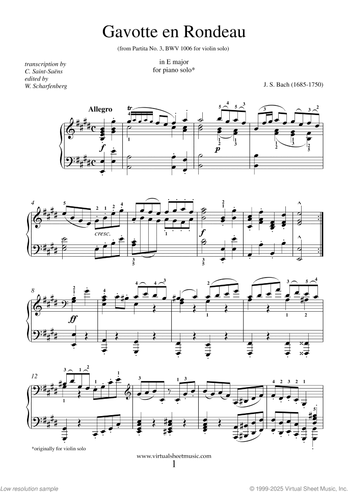 Gavotte en Rondeau sheet music for piano solo by Johann Sebastian Bach, classical score, intermediate skill level