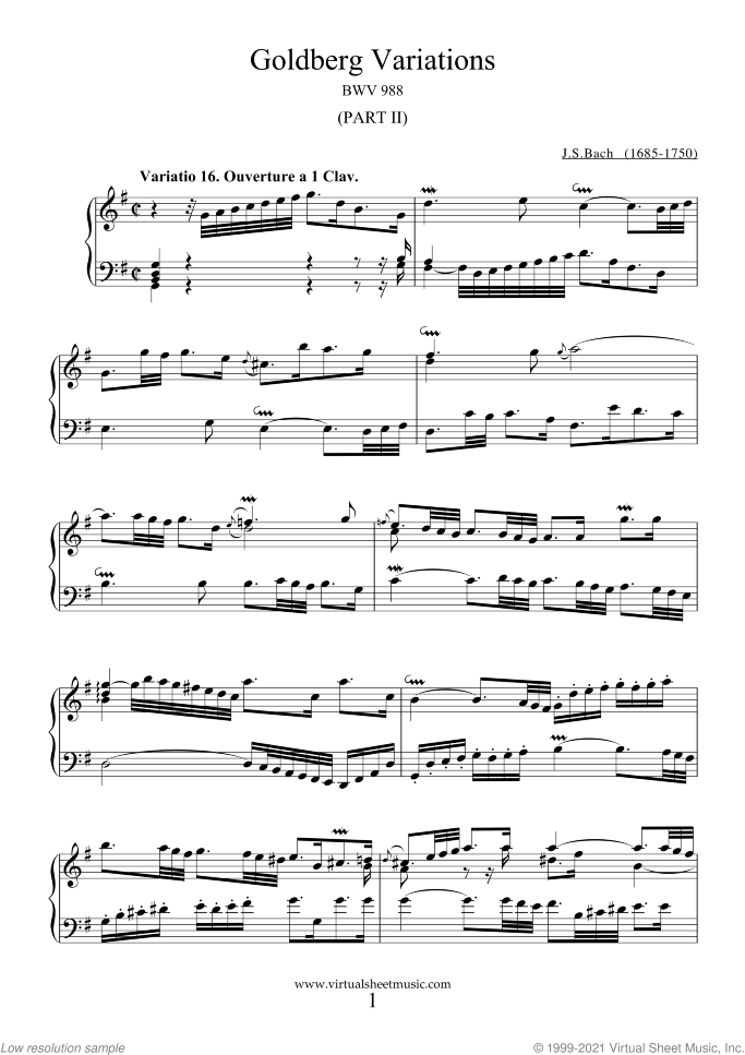 Goldberg Variations sheet music for piano solo (or harpsichord) by Johann Sebastian Bach, classical score, intermediate/advanced piano (or harpsichord)