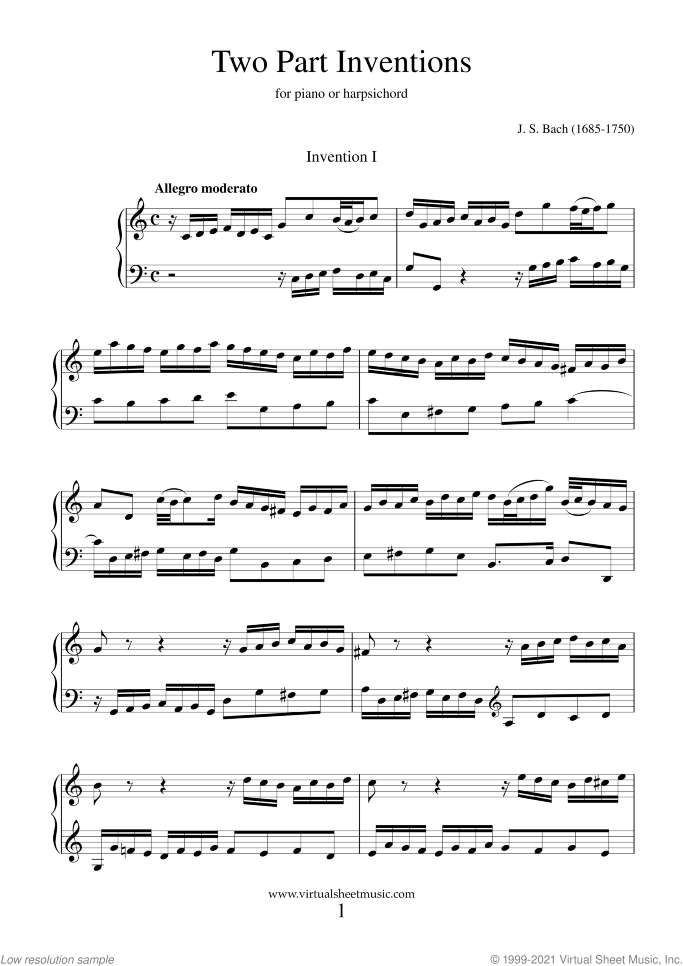 Two Part Inventions (New Edition) sheet music for piano solo (or harpsichord) by Johann Sebastian Bach, classical score, intermediate piano (or harpsichord)