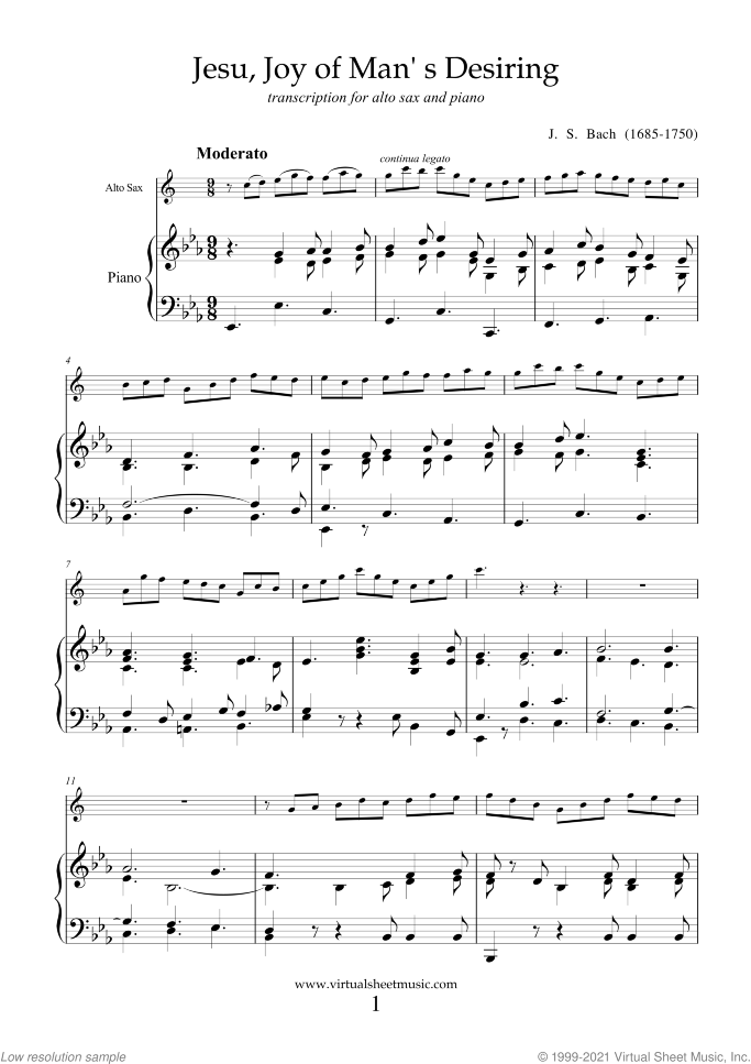 Jesu, Joy of Man's Desiring sheet music for alto saxophone and piano by Johann Sebastian Bach, classical wedding score, intermediate skill level