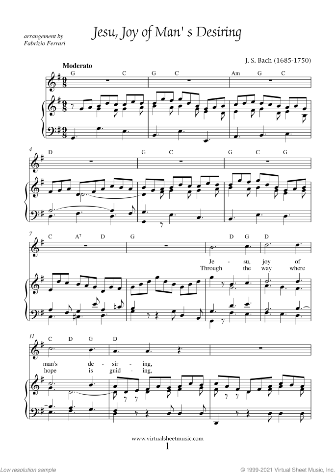 Jesu, Joy of Man's Desiring sheet music for piano, voice or other instruments by Johann Sebastian Bach, classical wedding score, easy skill level