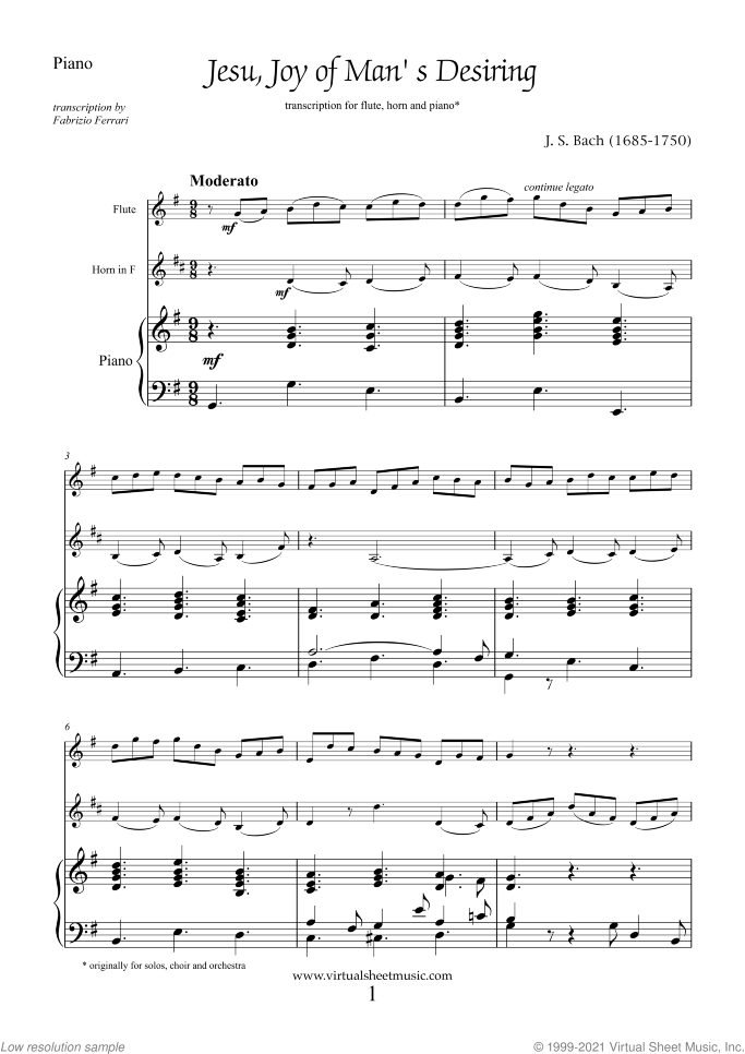 Jesu, Joy of Man's Desiring sheet music for flute, horn and piano by Johann Sebastian Bach, classical wedding score, intermediate skill level