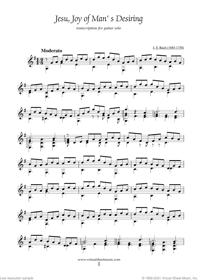 Jesu, Joy of Man's Desiring sheet music for guitar solo by Johann Sebastian Bach, classical wedding score, intermediate skill level