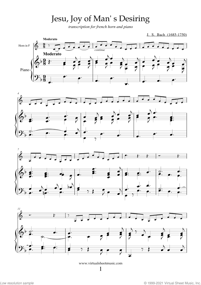 Jesu, Joy of Man's Desiring sheet music for horn and piano by Johann Sebastian Bach, classical wedding score, intermediate skill level