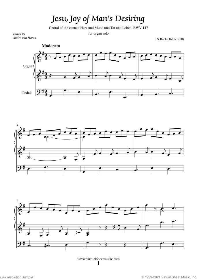 Jesu, Joy of Man's Desiring sheet music for organ solo by Johann Sebastian Bach, classical wedding score, easy/intermediate skill level