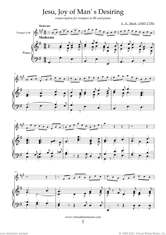 Jesu, Joy of Man's Desiring sheet music for trumpet and piano by Johann Sebastian Bach, classical wedding score, intermediate skill level