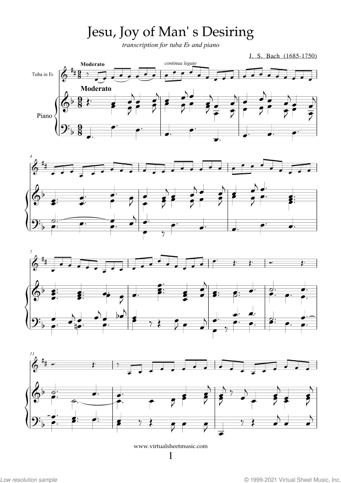 Jesu, Joy of Man's Desiring sheet music for tuba in Eb and piano by Johann Sebastian Bach, classical wedding score, intermediate skill level