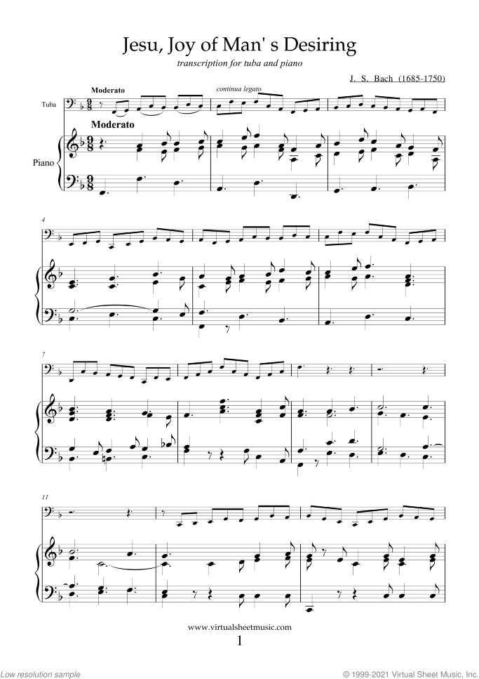 Jesu, Joy of Man's Desiring sheet music for tuba and piano by Johann Sebastian Bach, classical wedding score, intermediate skill level