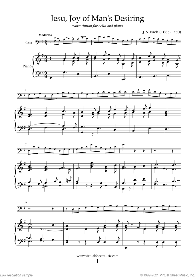 Jesu, Joy of Man's Desiring sheet music for cello and piano by Johann Sebastian Bach, classical wedding score, intermediate skill level
