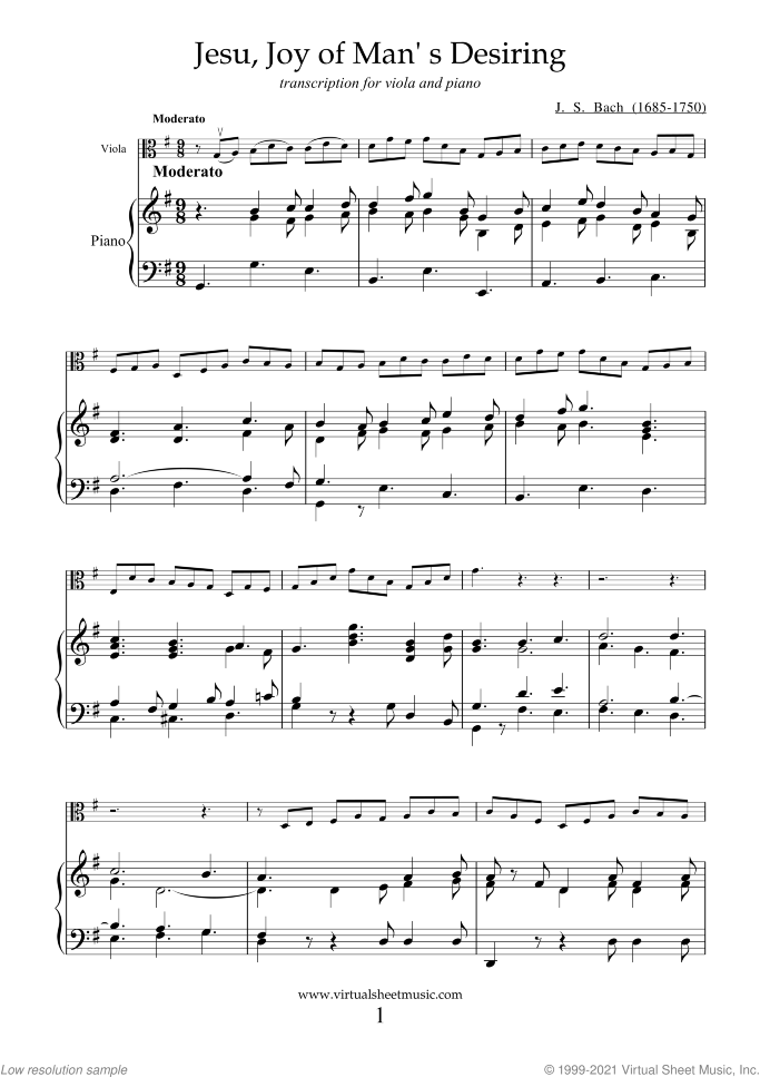 Jesu, Joy of Man's Desiring sheet music for viola and piano by Johann Sebastian Bach, classical wedding score, intermediate skill level