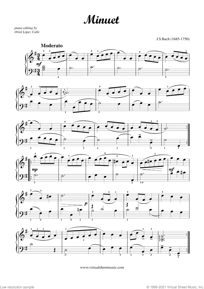 Minuet in G major sheet music for piano solo by Johann Sebastian Bach, classical score, beginner skill level