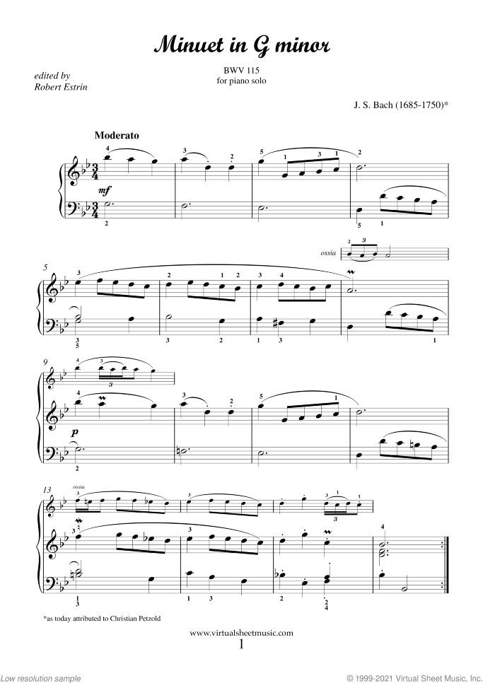 Minuet in G minor sheet music for piano solo by Johann Sebastian Bach, classical score, beginner skill level