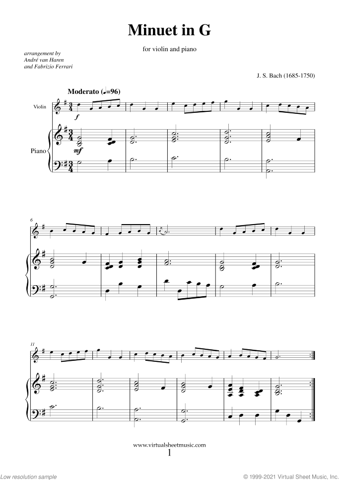 Minuet  in G sheet music for violin and piano by Johann Sebastian Bach, classical score, easy skill level